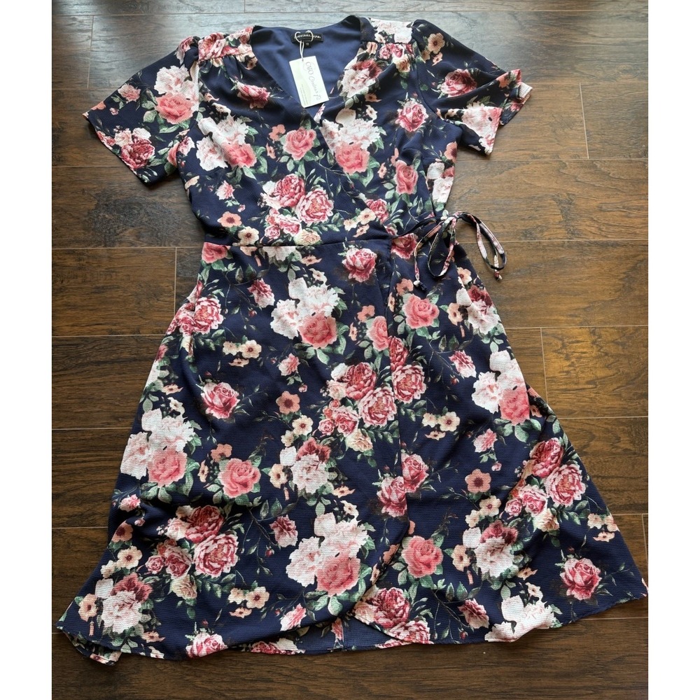 Cato Contour Fit Floral Wrap Dress Women Plus Size 18 NWT Navy Pink Midi Cottage - Picture 1 of 7